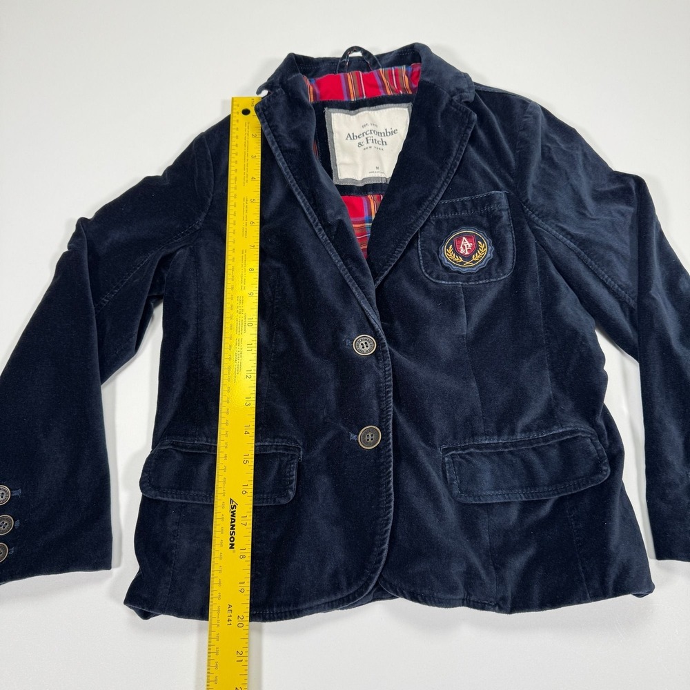 Abercrombie & Fitch Velvet Blazer Womens M Blue Crest Patch Preppy Plaid Lined - Picture 5 of 16